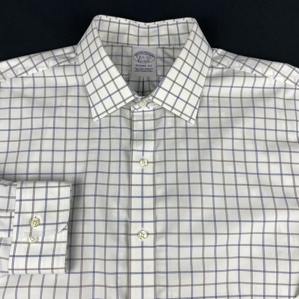 Brooks Brothers Dress Shirt Mens 16.5-33 Blue/Brown Check Regent No Iron Stretch